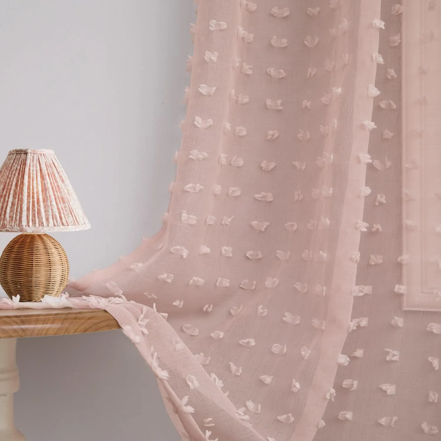 Pink Curtains for Girls Room 63 Inch Pom Pom Pink Sheer Curtain for Bedroom 2 Panels Textured Sheer Curtains for Nursery Princess Kids Room Back Tab Rod Pocket Boho Voile Cute Window Drapes 52x63