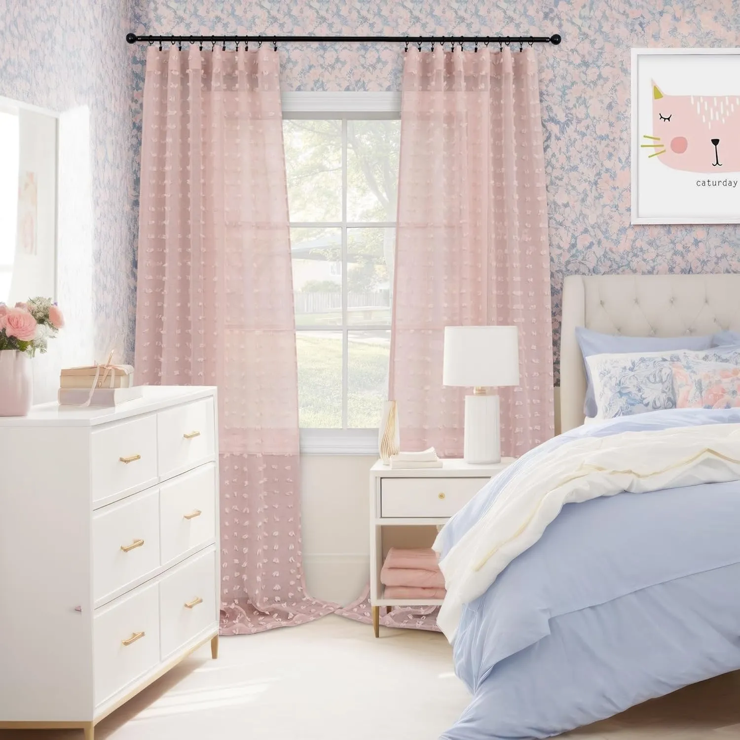 Pink Curtains for Girls Room 63 Inch Pom Pom Pink Sheer Curtain for Bedroom 2 Panels Textured Sheer Curtains for Nursery Princess Kids Room Back Tab Rod Pocket Boho Voile Cute Window Drapes 52x63