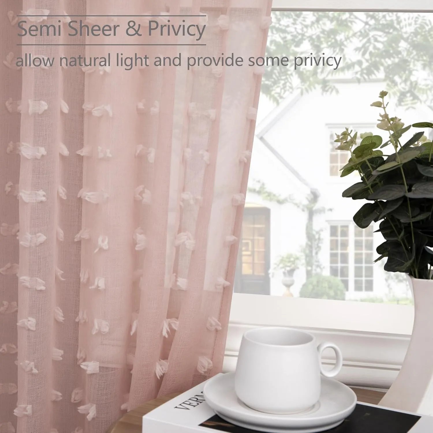 Pink Curtains for Girls Room 63 Inch Pom Pom Pink Sheer Curtain for Bedroom 2 Panels Textured Sheer Curtains for Nursery Princess Kids Room Back Tab Rod Pocket Boho Voile Cute Window Drapes 52x63