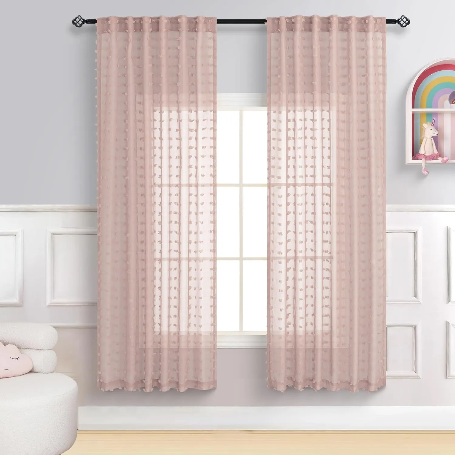 Pink Curtains for Girls Room 63 Inch Pom Pom Pink Sheer Curtain for Bedroom 2 Panels Textured Sheer Curtains for Nursery Princess Kids Room Back Tab Rod Pocket Boho Voile Cute Window Drapes 52x63
