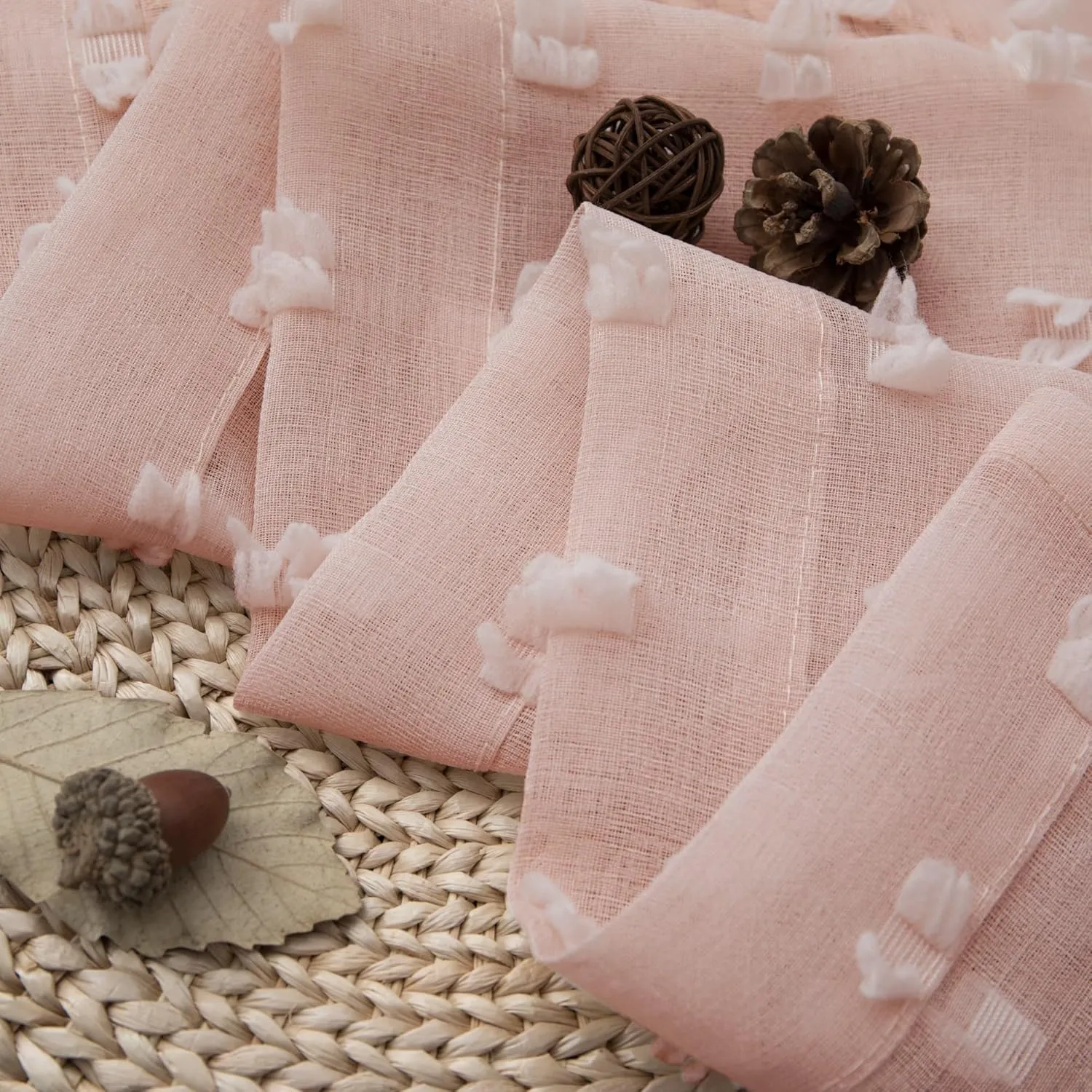 Pink Curtains for Girls Room 63 Inch Pom Pom Pink Sheer Curtain for Bedroom 2 Panels Textured Sheer Curtains for Nursery Princess Kids Room Back Tab Rod Pocket Boho Voile Cute Window Drapes 52x63