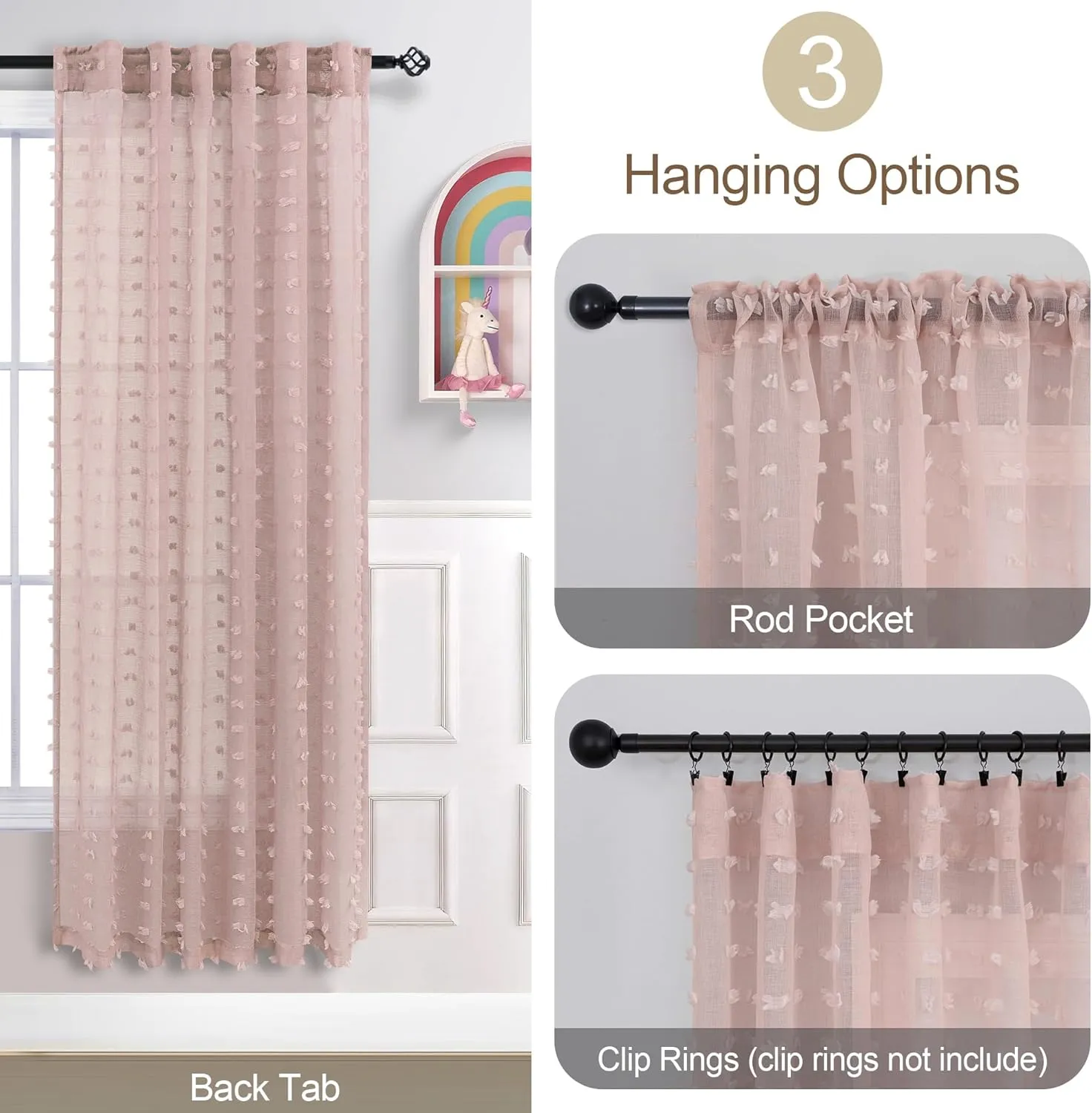 Pink Curtains for Girls Room 63 Inch Pom Pom Pink Sheer Curtain for Bedroom 2 Panels Textured Sheer Curtains for Nursery Princess Kids Room Back Tab Rod Pocket Boho Voile Cute Window Drapes 52x63