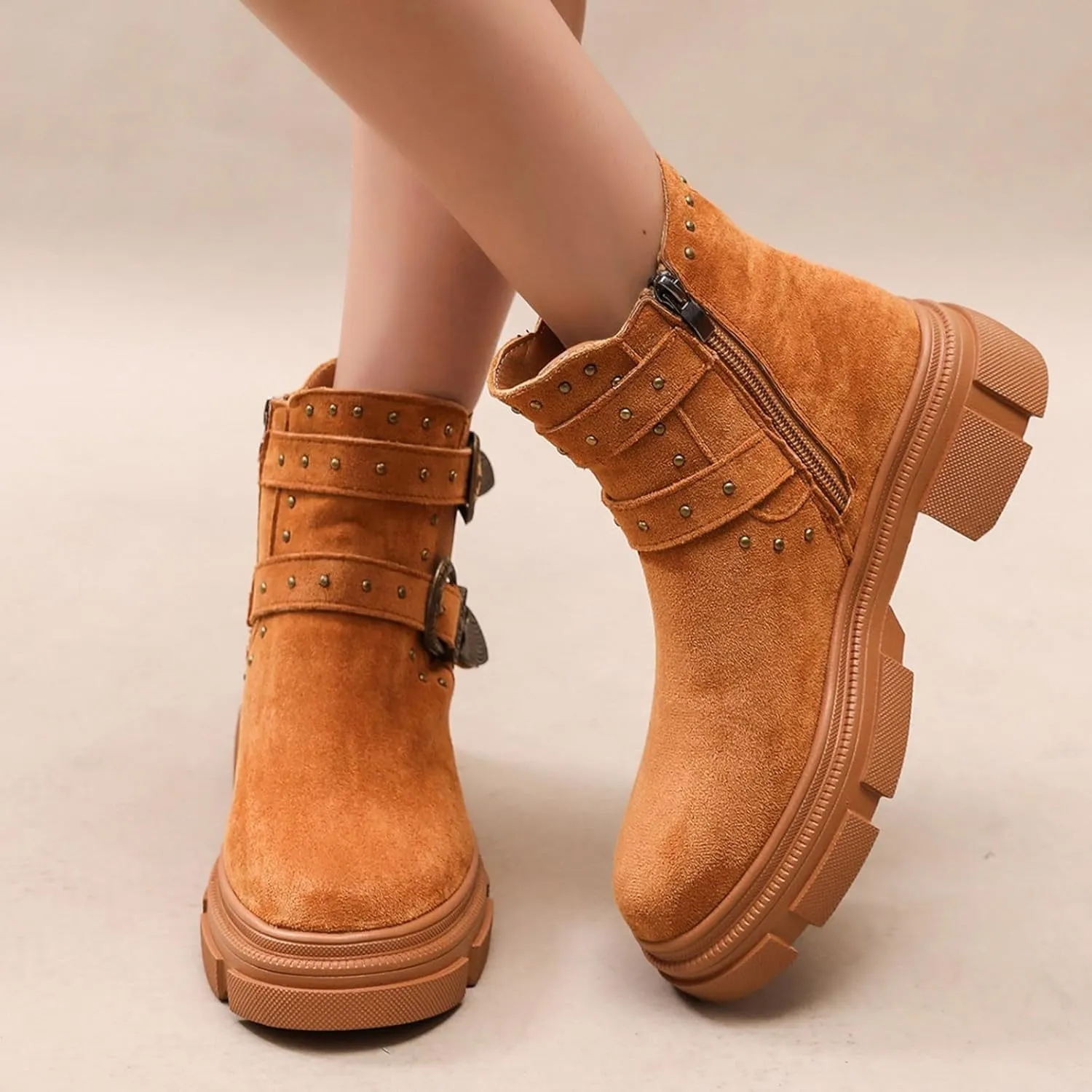Platform Ankle Boots with Buckle Strap,Classic Chelsea Ankle Bootie Stretch Ankle Studded Rivet Buckle Strap Chunky Bottom Boots Round Toe Wide Width Faux Suede Winter Fall Flat Shoes