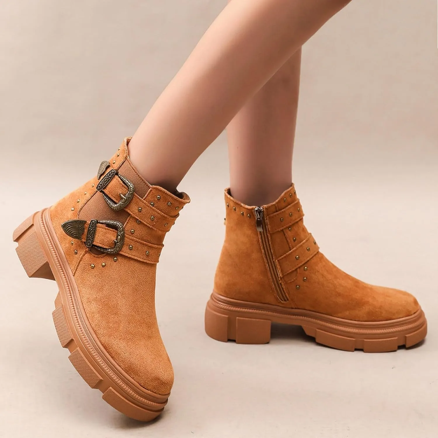 Platform Ankle Boots with Buckle Strap,Classic Chelsea Ankle Bootie Stretch Ankle Studded Rivet Buckle Strap Chunky Bottom Boots Round Toe Wide Width Faux Suede Winter Fall Flat Shoes