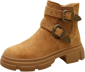 Platform Ankle Boots with Buckle Strap,Classic Chelsea Ankle Bootie Stretch Ankle Studded Rivet Buckle Strap Chunky Bottom Boots Round Toe Wide Width Faux Suede Winter Fall Flat Shoes