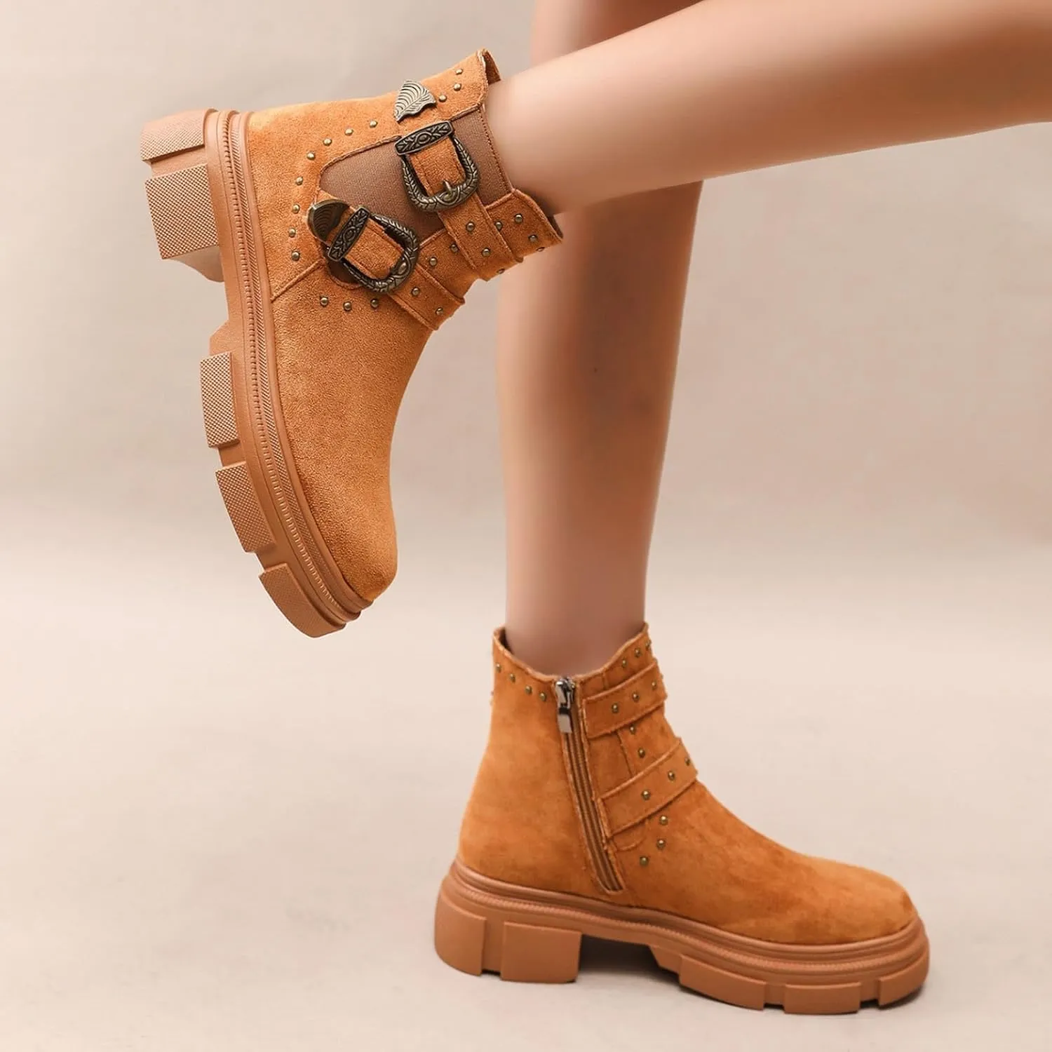 Platform Ankle Boots with Buckle Strap,Classic Chelsea Ankle Bootie Stretch Ankle Studded Rivet Buckle Strap Chunky Bottom Boots Round Toe Wide Width Faux Suede Winter Fall Flat Shoes