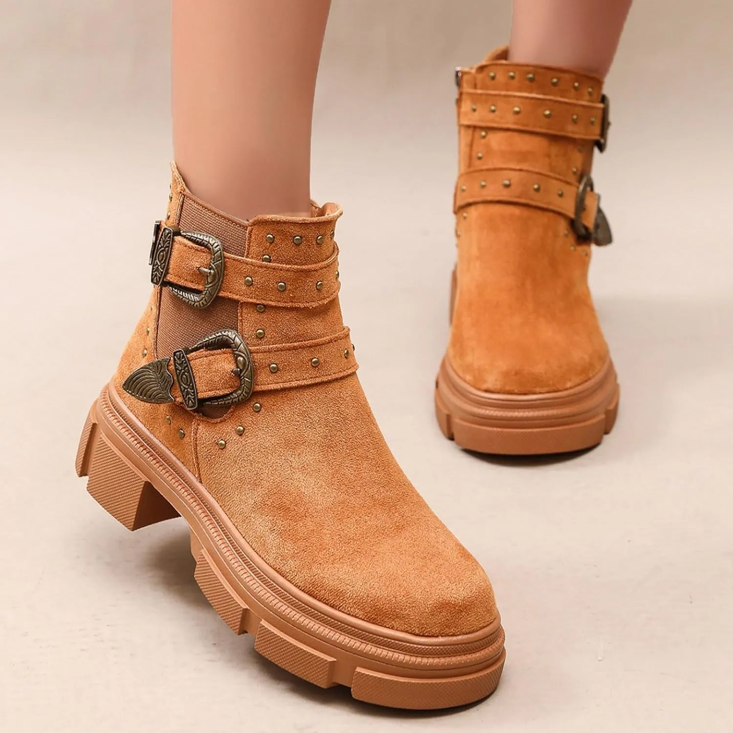 Platform Ankle Boots with Buckle Strap,Classic Chelsea Ankle Bootie Stretch Ankle Studded Rivet Buckle Strap Chunky Bottom Boots Round Toe Wide Width Faux Suede Winter Fall Flat Shoes