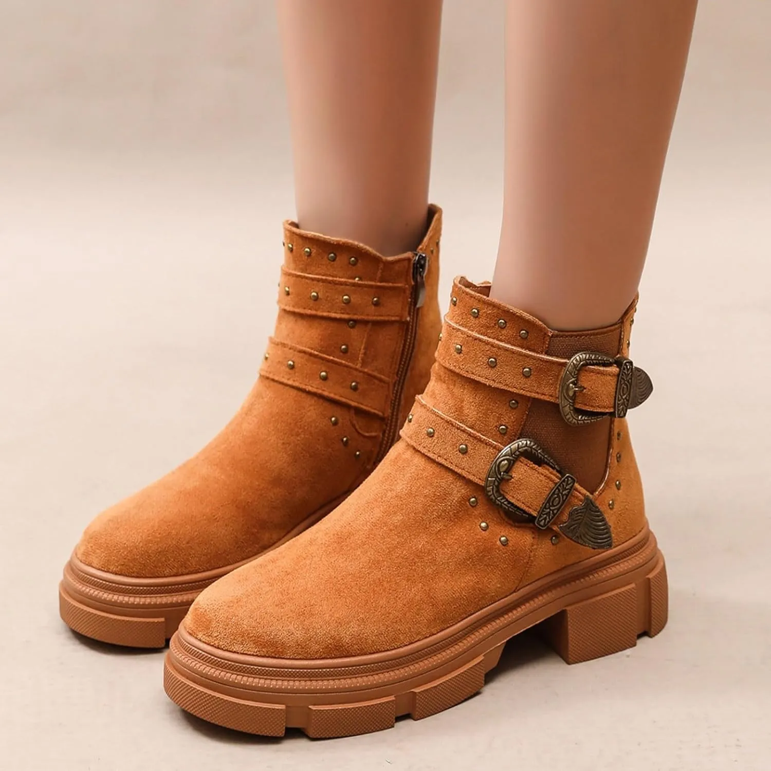 Platform Ankle Boots with Buckle Strap,Classic Chelsea Ankle Bootie Stretch Ankle Studded Rivet Buckle Strap Chunky Bottom Boots Round Toe Wide Width Faux Suede Winter Fall Flat Shoes