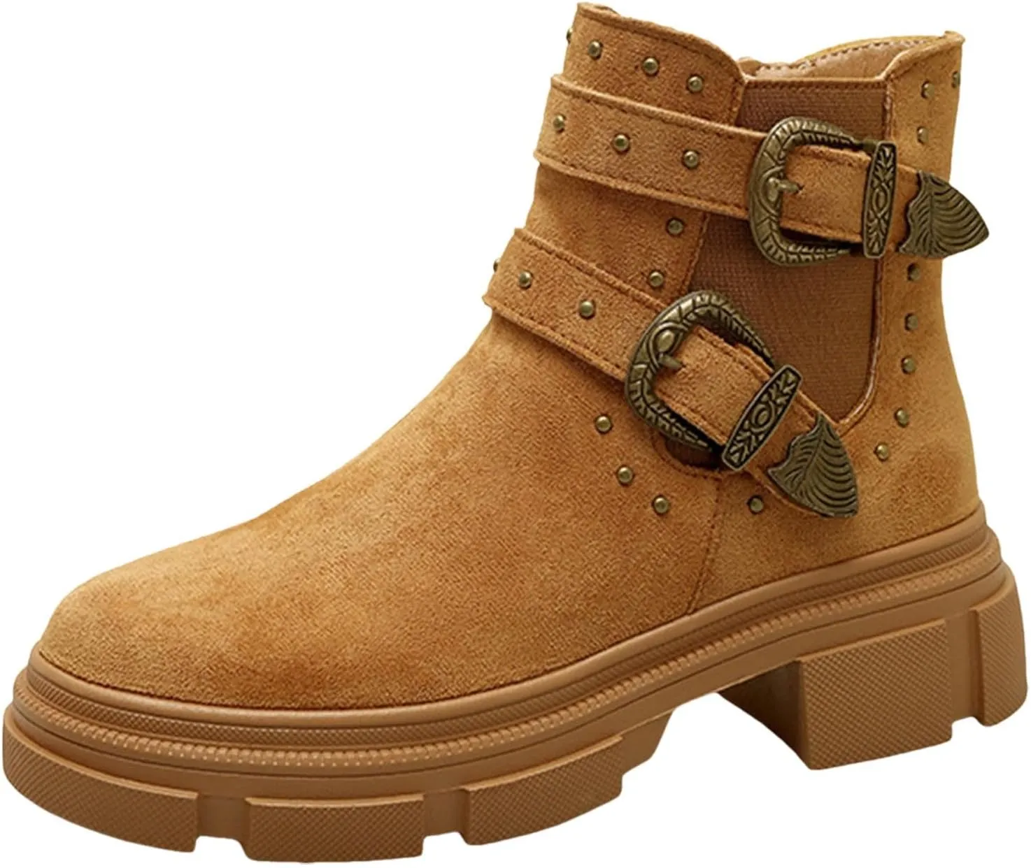 Platform Ankle Boots with Buckle Strap,Classic Chelsea Ankle Bootie Stretch Ankle Studded Rivet Buckle Strap Chunky Bottom Boots Round Toe Wide Width Faux Suede Winter Fall Flat Shoes