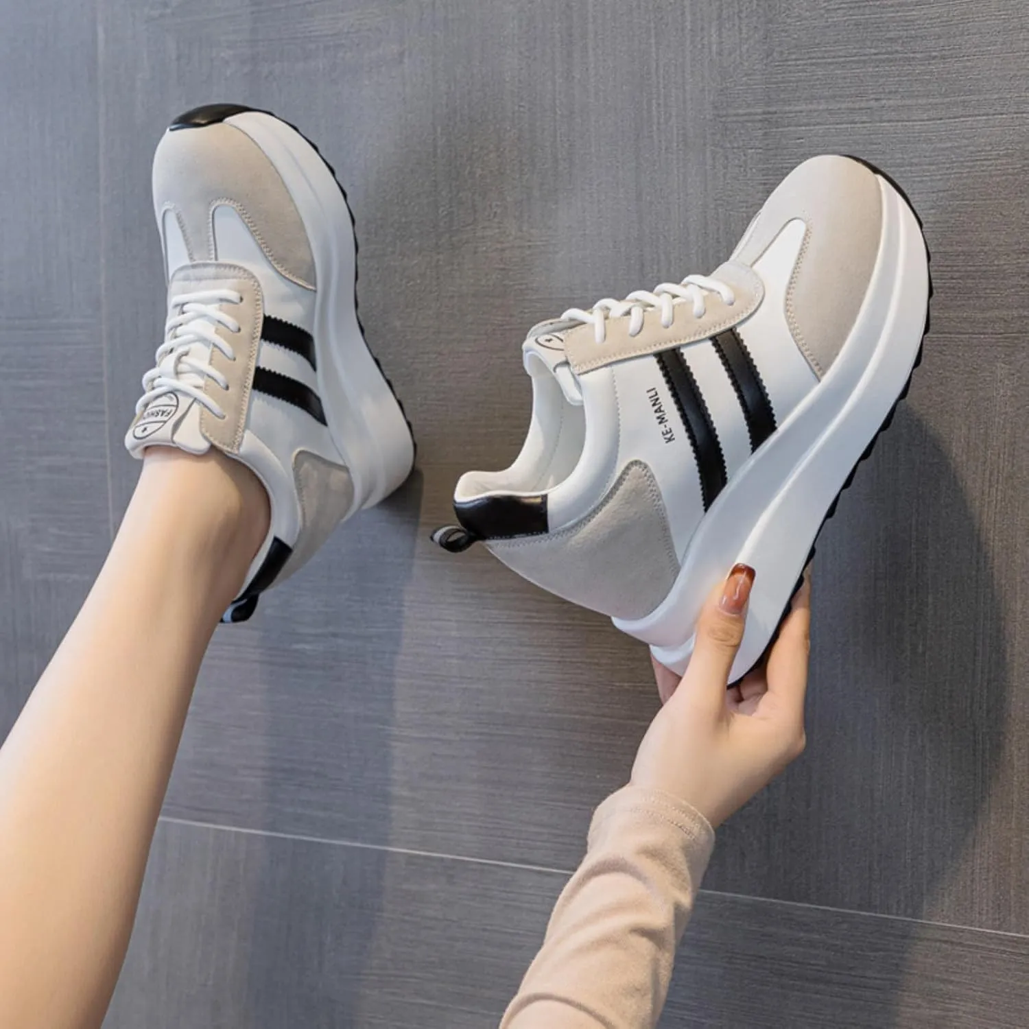 Platform Sneakers for Women - High Hidden Heel Wedge Fashion Leather Chunky Lace up Wedge Tennis Shoes Increasing 3.94 inch