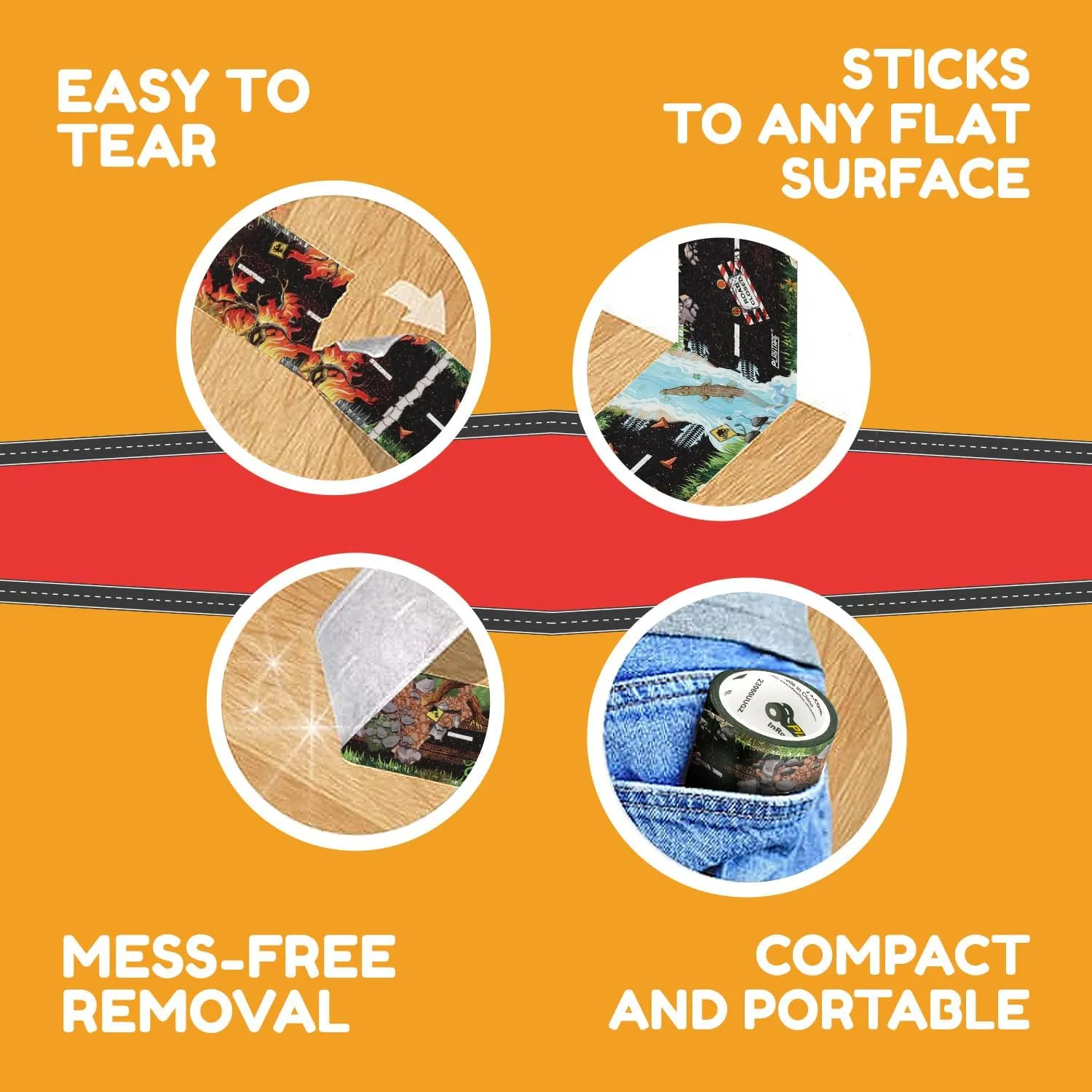 PlayTape Rescue Road Tape for Toy Cars - Sticks to Flat Surfaces, No Residue, 2-Pack of 2 in. x 30 ft. Roll