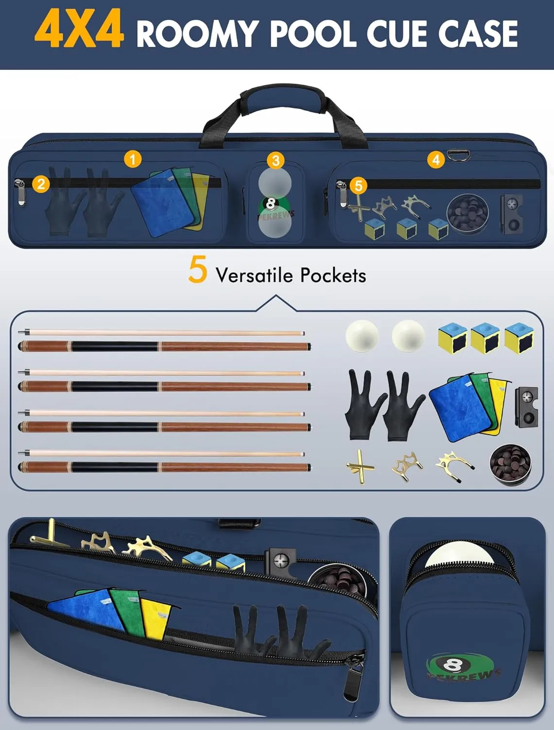 Pool Cue Case, Pool Stick Case 4x5 with Multiple Pockets Holds 4 Butts 5 Shafts, Soft Padded Sturdy Pool Cue Bag, Billiard Cue Backpack with Adjustable Shoulder Straps for Men and Women