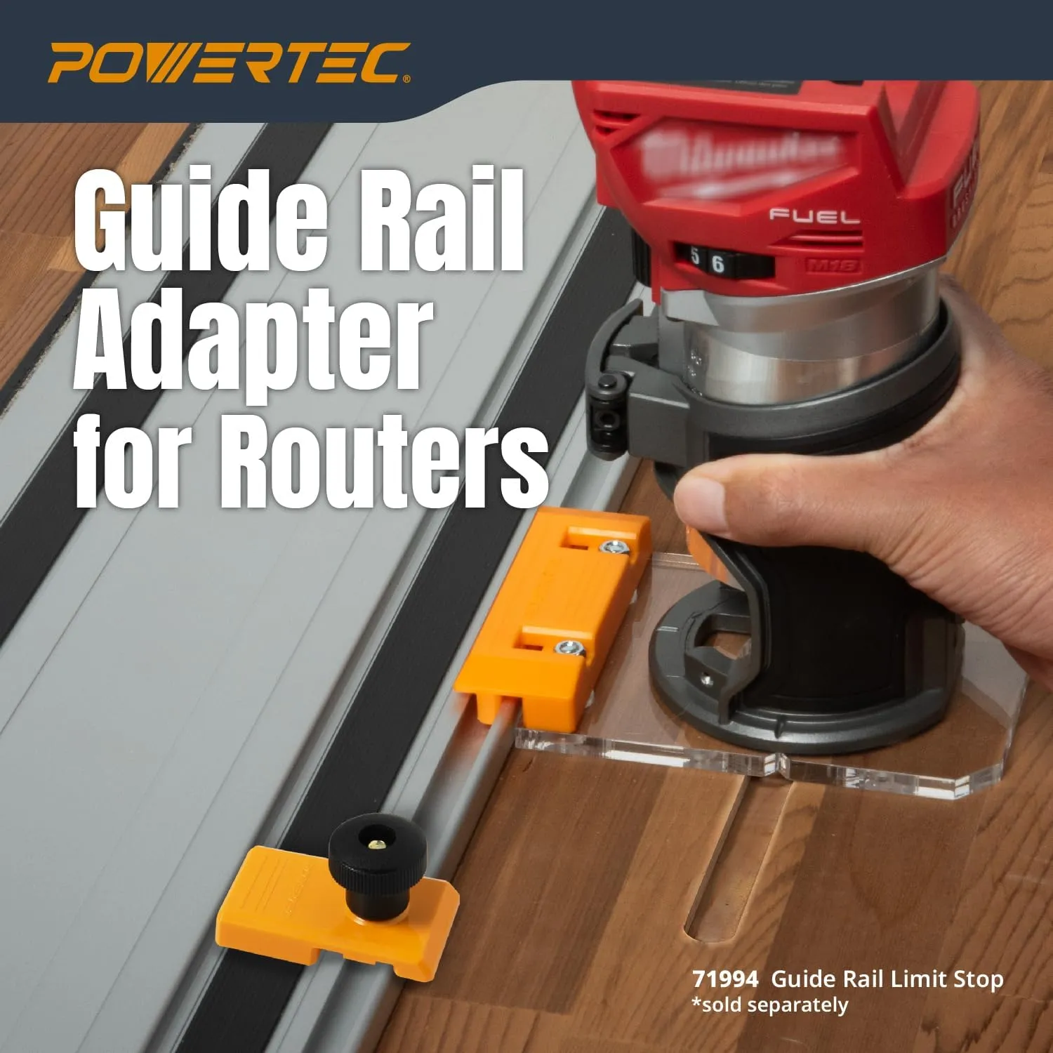 POWERTEC 72026 Router Guide Rail Adapter for Milwaukee M18 Fixed Base Trim Routers - Compatible with Powertec, Makita, Festool, Milwaukee, Kreg ACS, WEN, Triton, and Ridgid Guide Rails