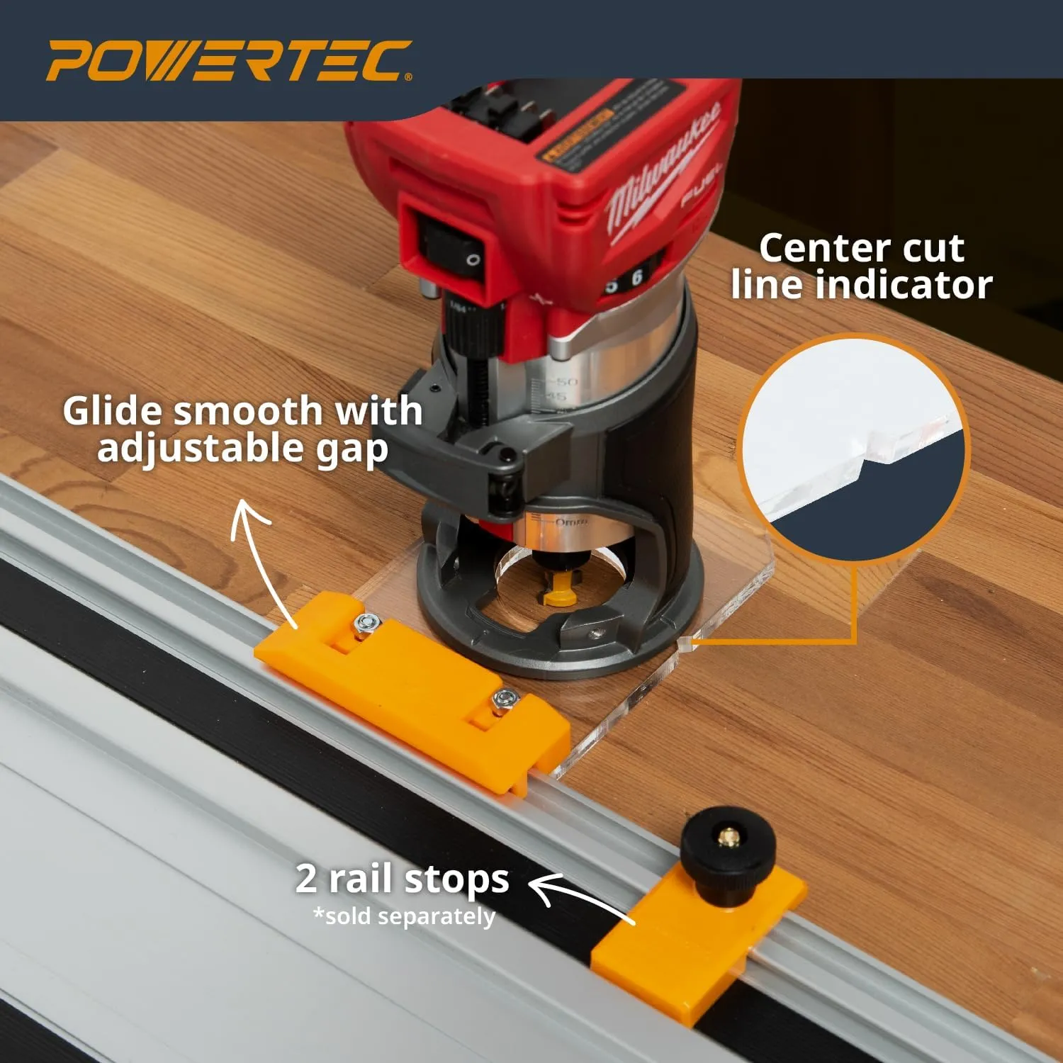 POWERTEC 72026 Router Guide Rail Adapter for Milwaukee M18 Fixed Base Trim Routers - Compatible with Powertec, Makita, Festool, Milwaukee, Kreg ACS, WEN, Triton, and Ridgid Guide Rails