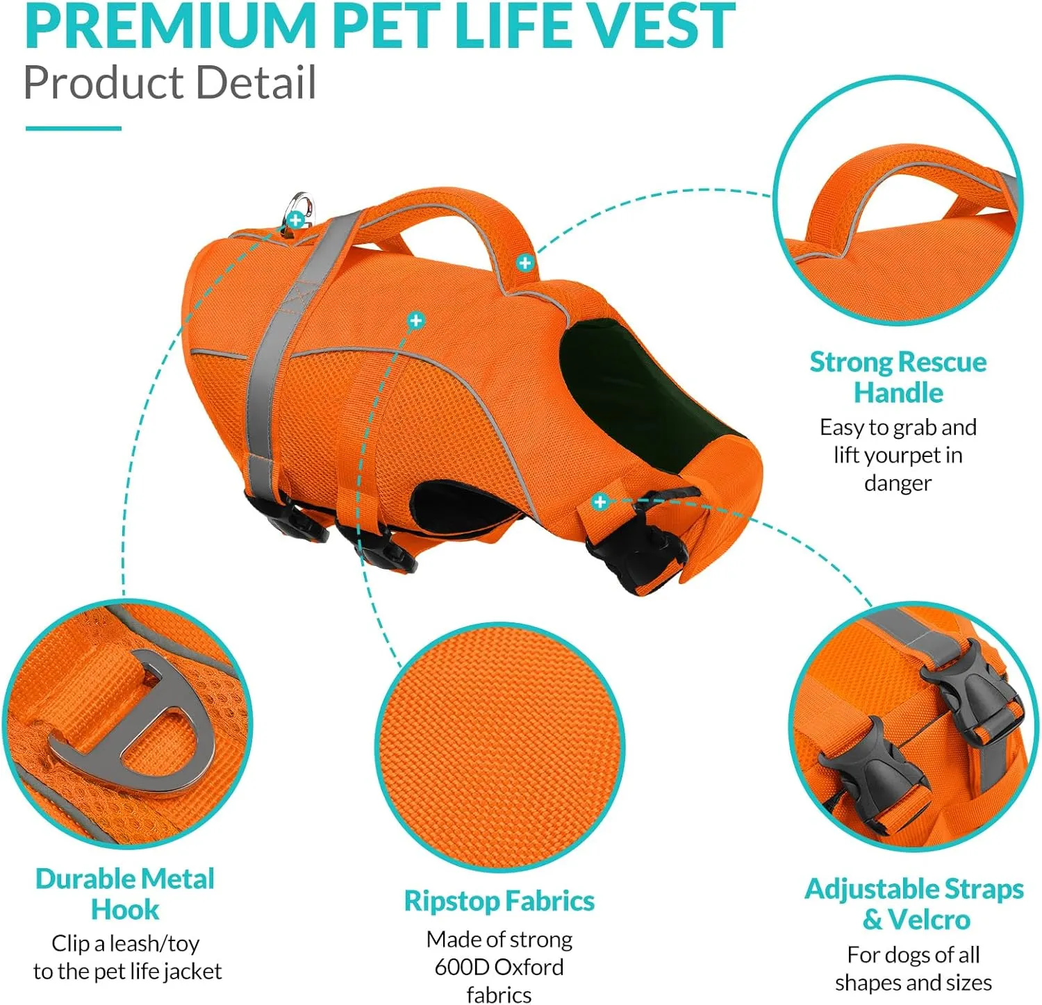 Queenmore Dog Life Vest for Swimming Boating, Adjustable Ripstop Dog Life Jacket, Dog Lifesaver with Superior Buoyancy and Rescue Handle, Dog Swimming Vest for Medium Dogs（Orange,M）
