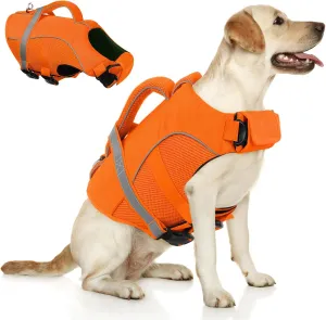 Queenmore Dog Life Vest for Swimming Boating, Adjustable Ripstop Dog Life Jacket, Dog Lifesaver with Superior Buoyancy and Rescue Handle, Dog Swimming Vest for Medium Dogs（Orange,M）