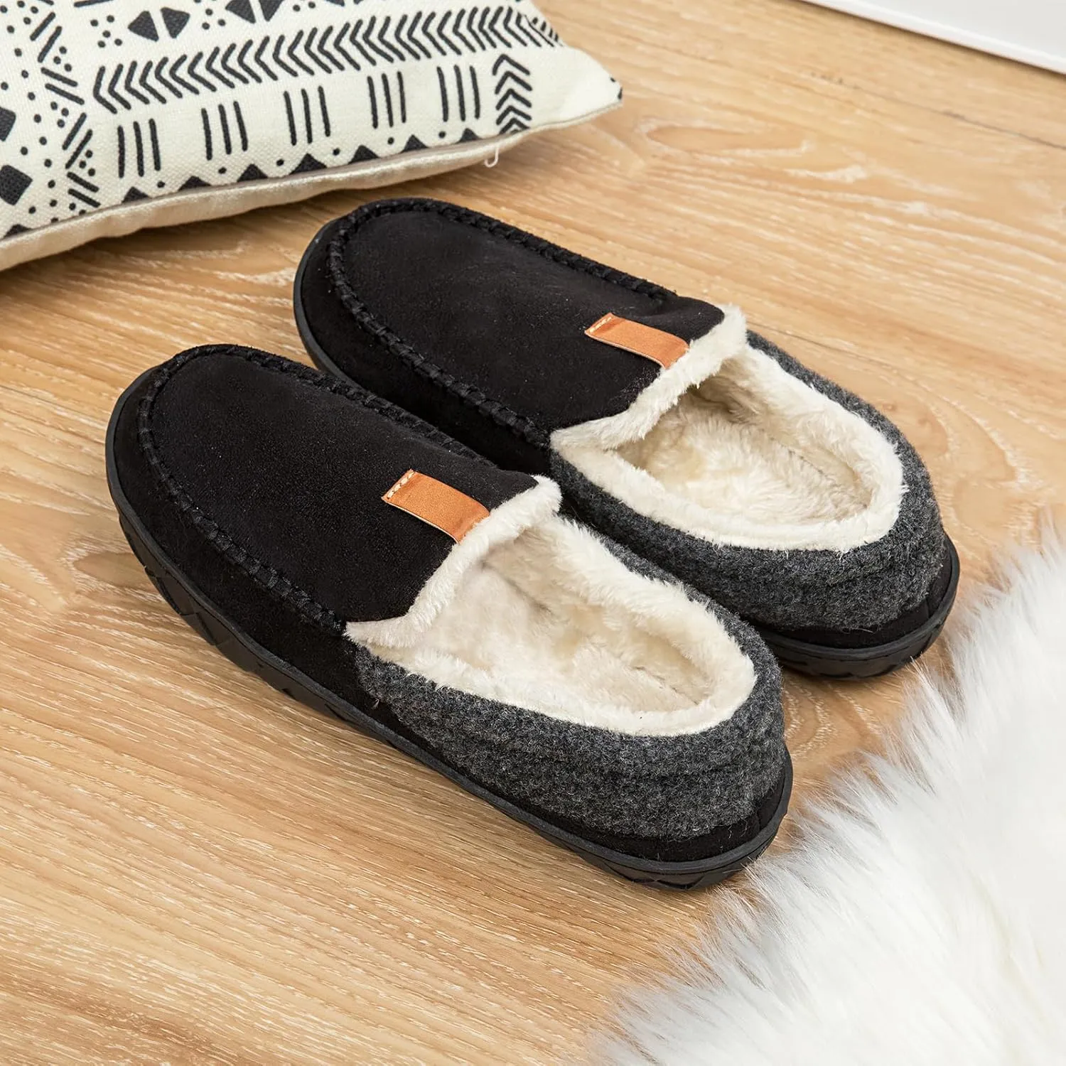 Ranberone Mens Moccasin Slippers Suede Memory Foam House Slippers with Soft Fleece Lining Anti-Skid Sole Indoor Outdoor House Shoes