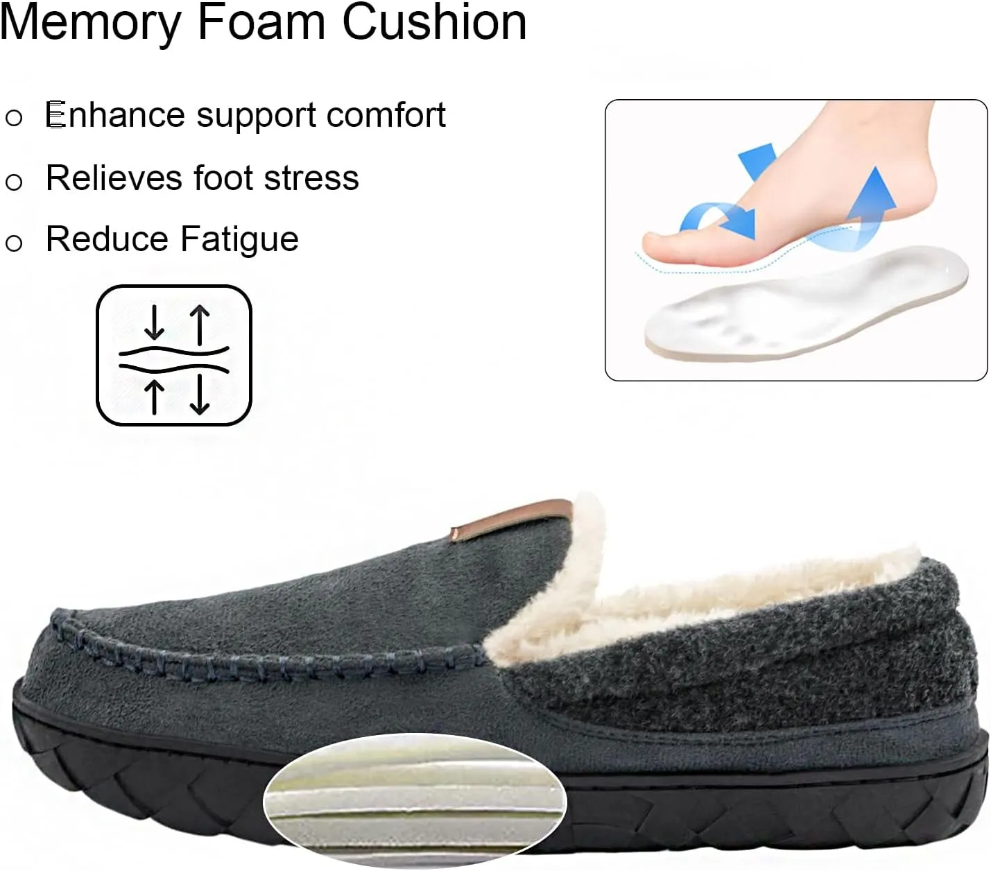 Ranberone Mens Moccasin Slippers Suede Memory Foam House Slippers with Soft Fleece Lining Anti-Skid Sole Indoor Outdoor House Shoes