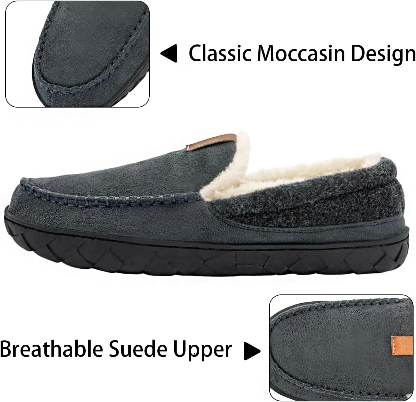 Ranberone Mens Moccasin Slippers Suede Memory Foam House Slippers with Soft Fleece Lining Anti-Skid Sole Indoor Outdoor House Shoes