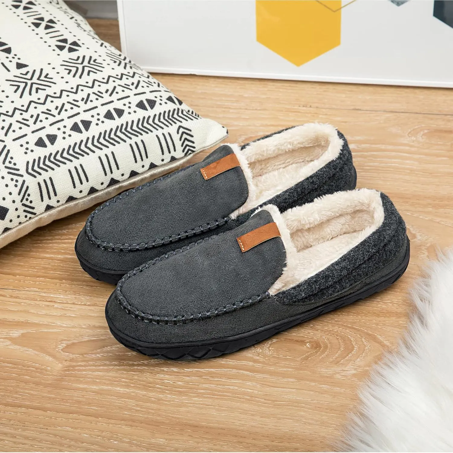 Ranberone Mens Moccasin Slippers Suede Memory Foam House Slippers with Soft Fleece Lining Anti-Skid Sole Indoor Outdoor House Shoes