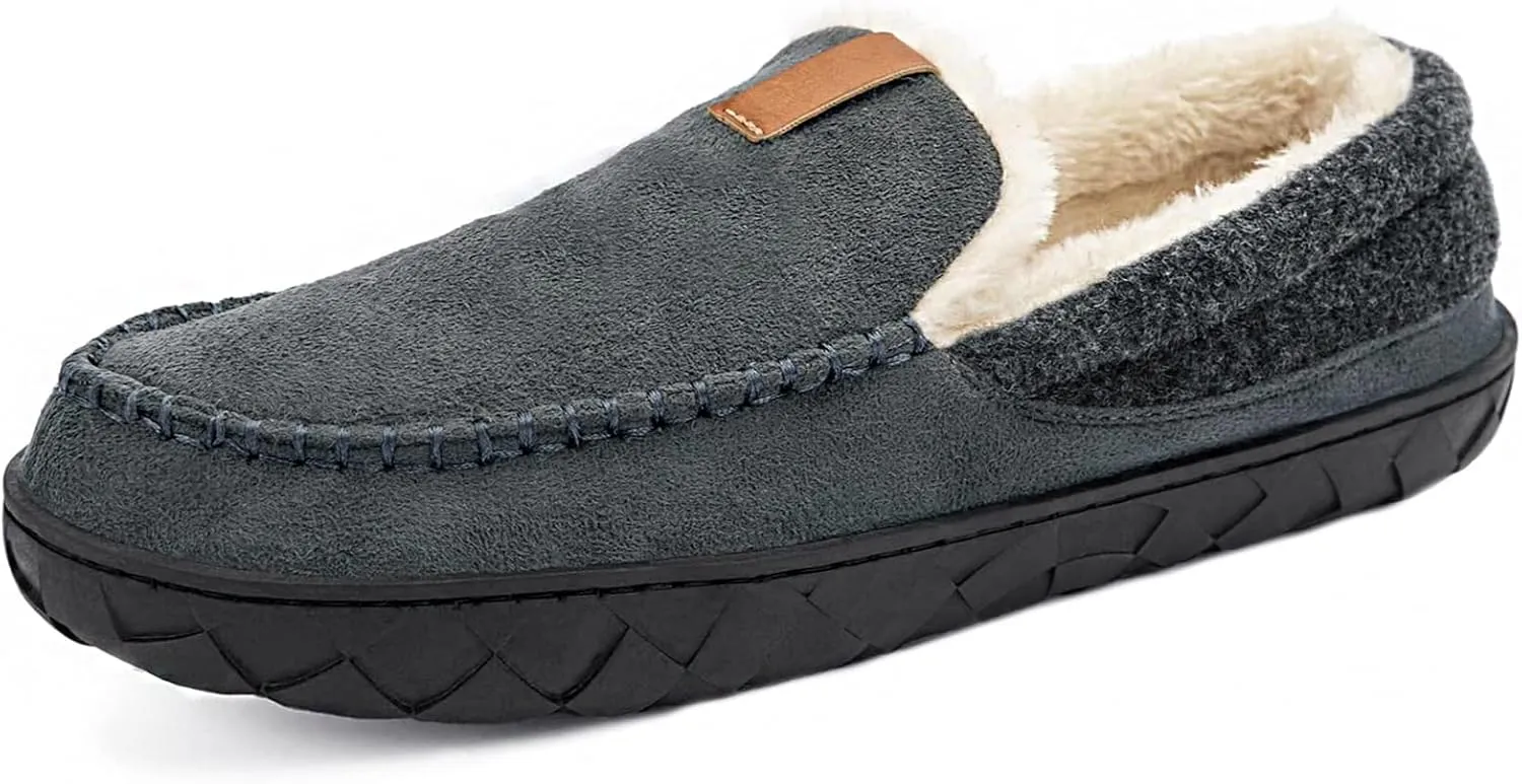 Ranberone Mens Moccasin Slippers Suede Memory Foam House Slippers with Soft Fleece Lining Anti-Skid Sole Indoor Outdoor House Shoes