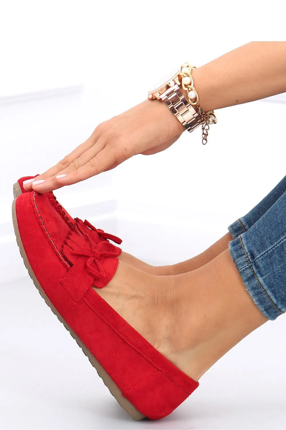 Red Eco-Suede Moccasin Loafers with Fringe and Bow Detail