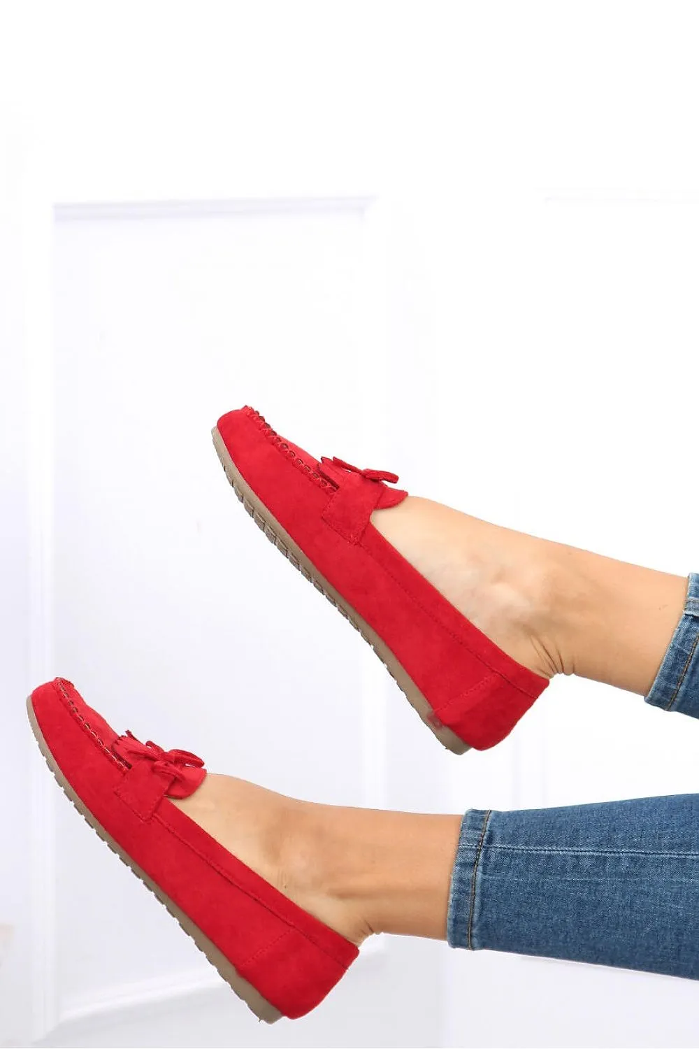 Red Eco-Suede Moccasin Loafers with Fringe and Bow Detail