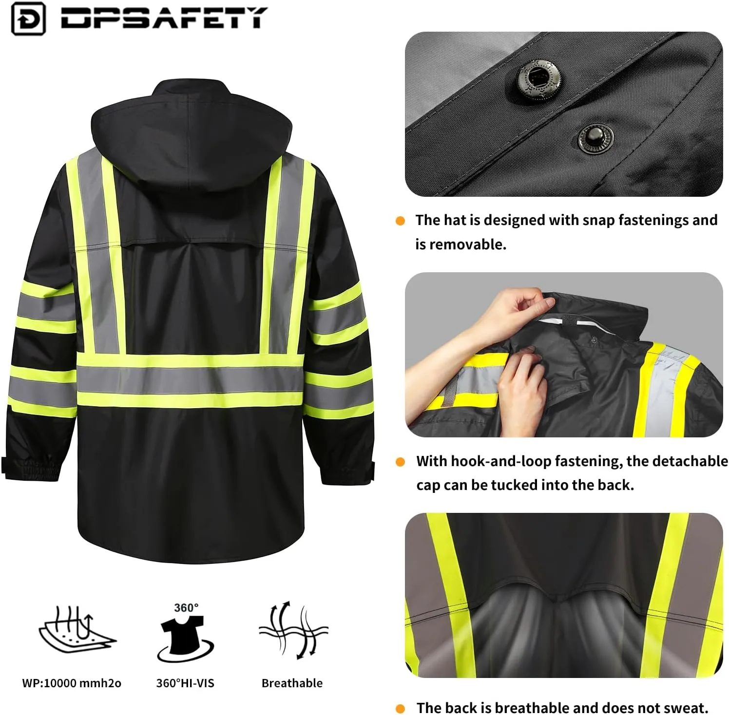 Reflective Rain jackets for men waterproof,Hi Vis Safety Coat With Reflective Strips，High Visibility Class 3 Rain jackets With 2 large pockets，Zipper,Black ，SM/MD