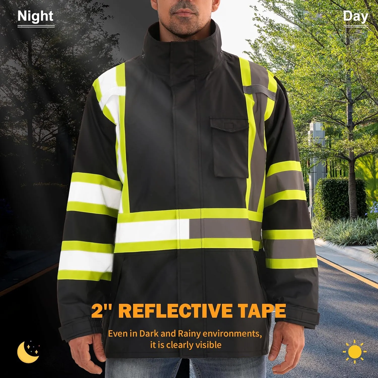 Reflective Rain jackets for men waterproof,Hi Vis Safety Coat With Reflective Strips，High Visibility Class 3 Rain jackets With 2 large pockets，Zipper,Black ，SM/MD
