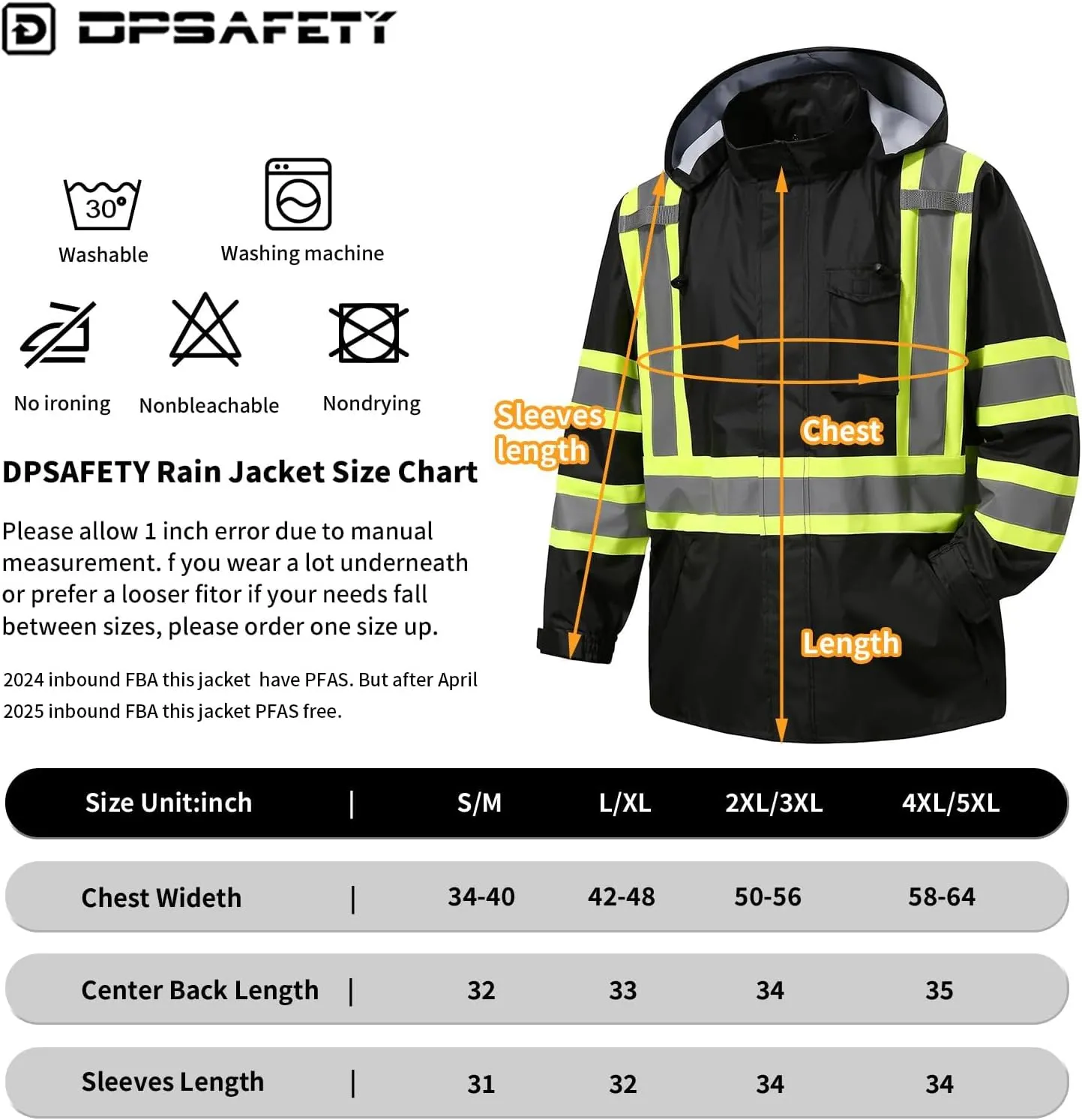 Reflective Rain jackets for men waterproof,Hi Vis Safety Coat With Reflective Strips，High Visibility Class 3 Rain jackets With 2 large pockets，Zipper,Black ，SM/MD