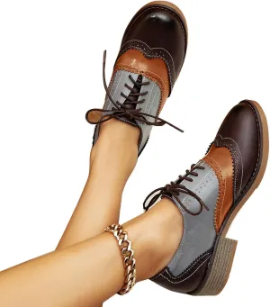 Retro Mix Color Fashion Oxford Shoes for Women Casual Chunky Heel lace up Sneaker