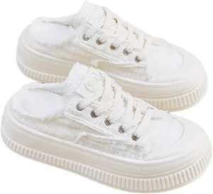 Retro Tweed Style Chunky Platform Sneakers Women Slide-On Shoes Y2K Aesthetic 1.6" Height Increase Casual Outfit Cute Walking Shoes