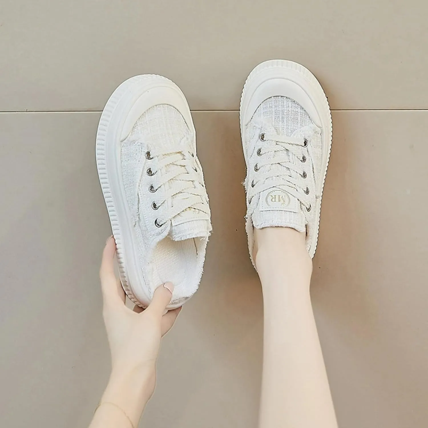 Retro Tweed Style Chunky Platform Sneakers Women Slide-On Shoes Y2K Aesthetic 1.6" Height Increase Casual Outfit Cute Walking Shoes