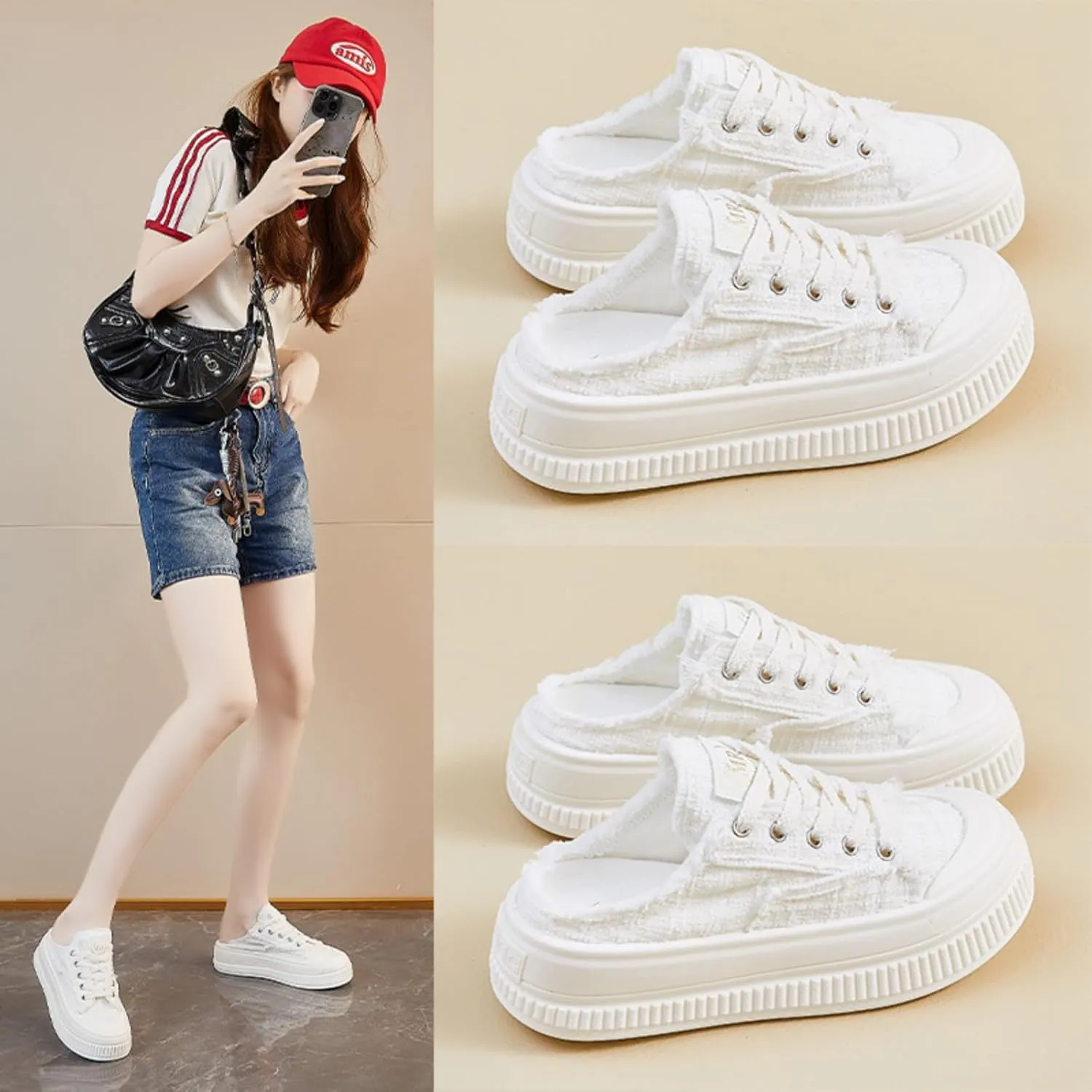 Retro Tweed Style Chunky Platform Sneakers Women Slide-On Shoes Y2K Aesthetic 1.6" Height Increase Casual Outfit Cute Walking Shoes