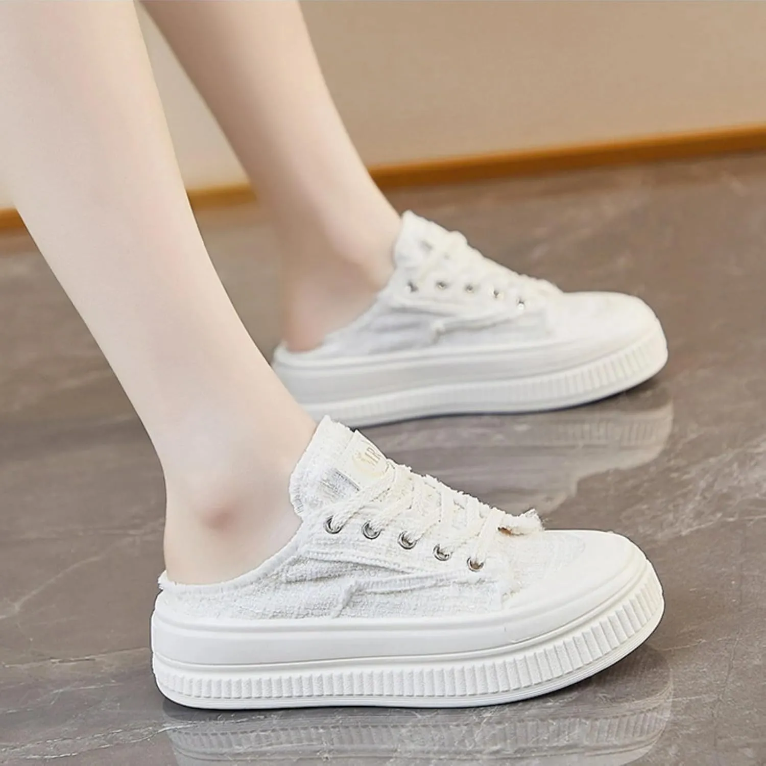 Retro Tweed Style Chunky Platform Sneakers Women Slide-On Shoes Y2K Aesthetic 1.6" Height Increase Casual Outfit Cute Walking Shoes