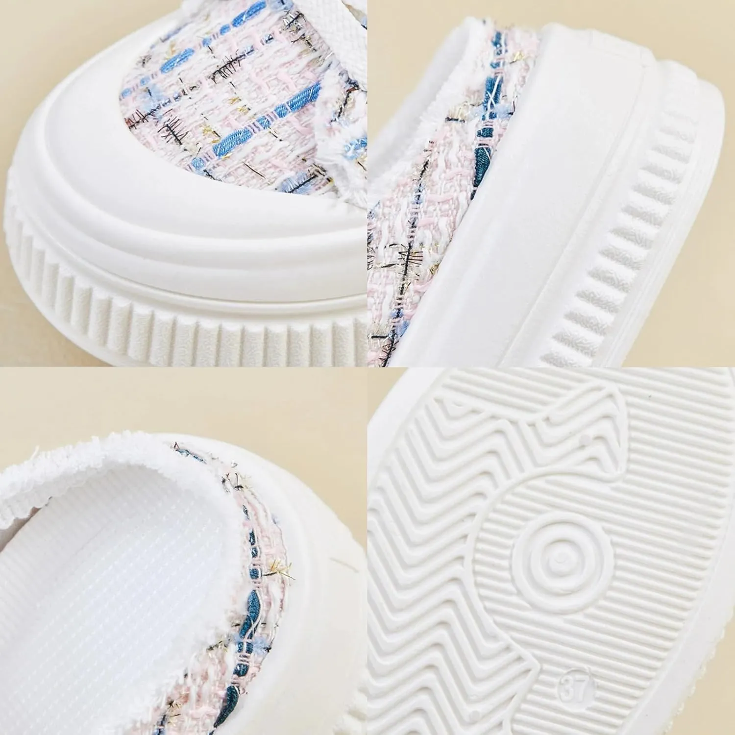 Retro Tweed Style Chunky Platform Sneakers Women Slide-On Shoes Y2K Aesthetic 1.6" Height Increase Casual Outfit Cute Walking Shoes
