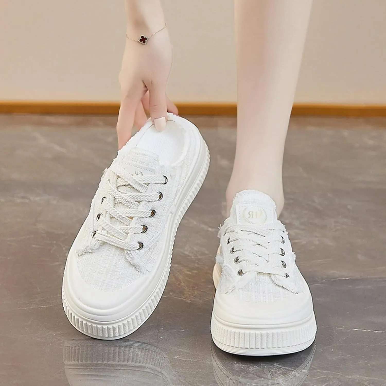 Retro Tweed Style Chunky Platform Sneakers Women Slide-On Shoes Y2K Aesthetic 1.6" Height Increase Casual Outfit Cute Walking Shoes