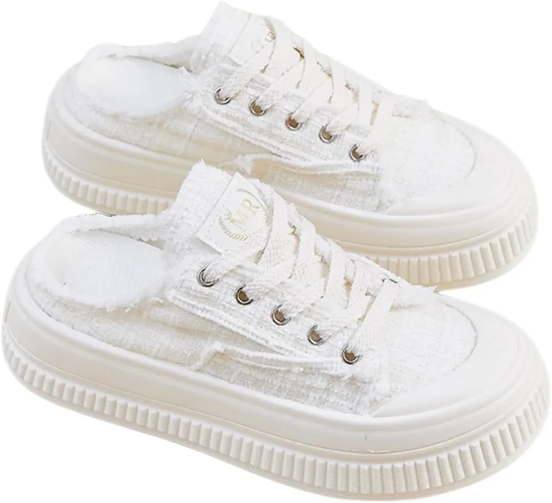 Retro Tweed Style Chunky Platform Sneakers Women Slide-On Shoes Y2K Aesthetic 1.6" Height Increase Casual Outfit Cute Walking Shoes