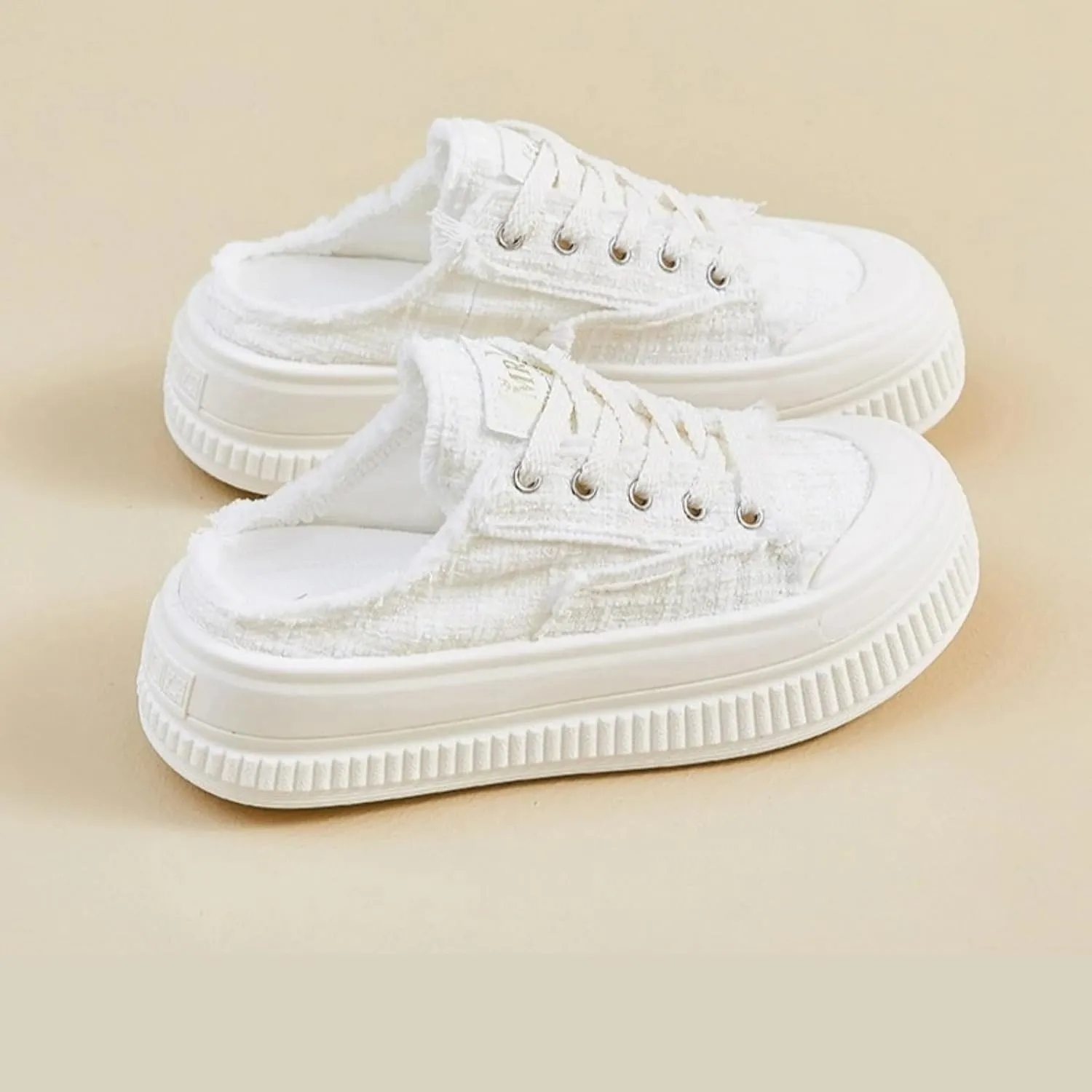 Retro Tweed Style Chunky Platform Sneakers Women Slide-On Shoes Y2K Aesthetic 1.6" Height Increase Casual Outfit Cute Walking Shoes