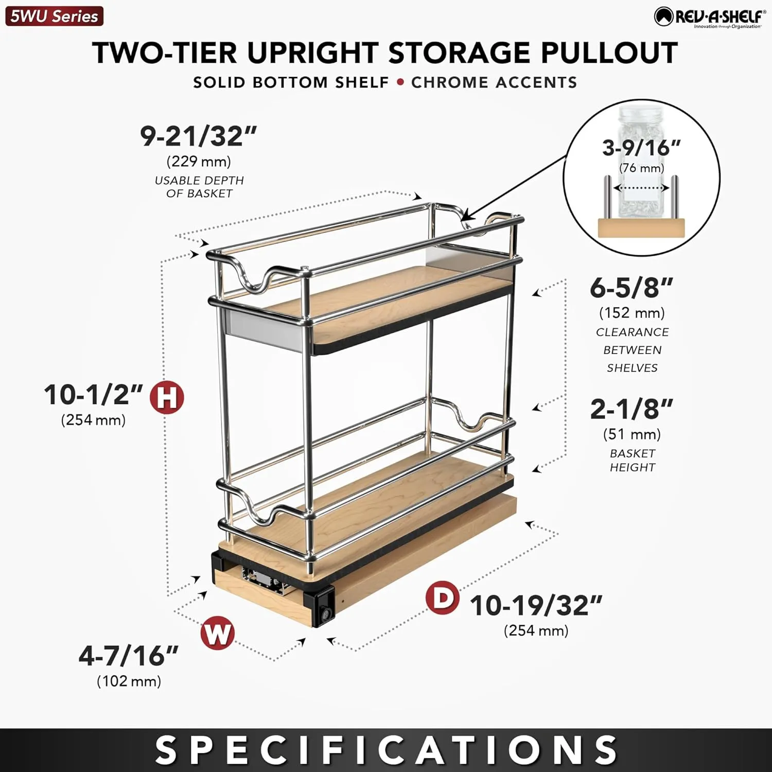 Rev-A-Shelf 5" Pullout Organizer for Cabinets, 2 Tier Wide Upright Shelf, 5WU2-5W1-1