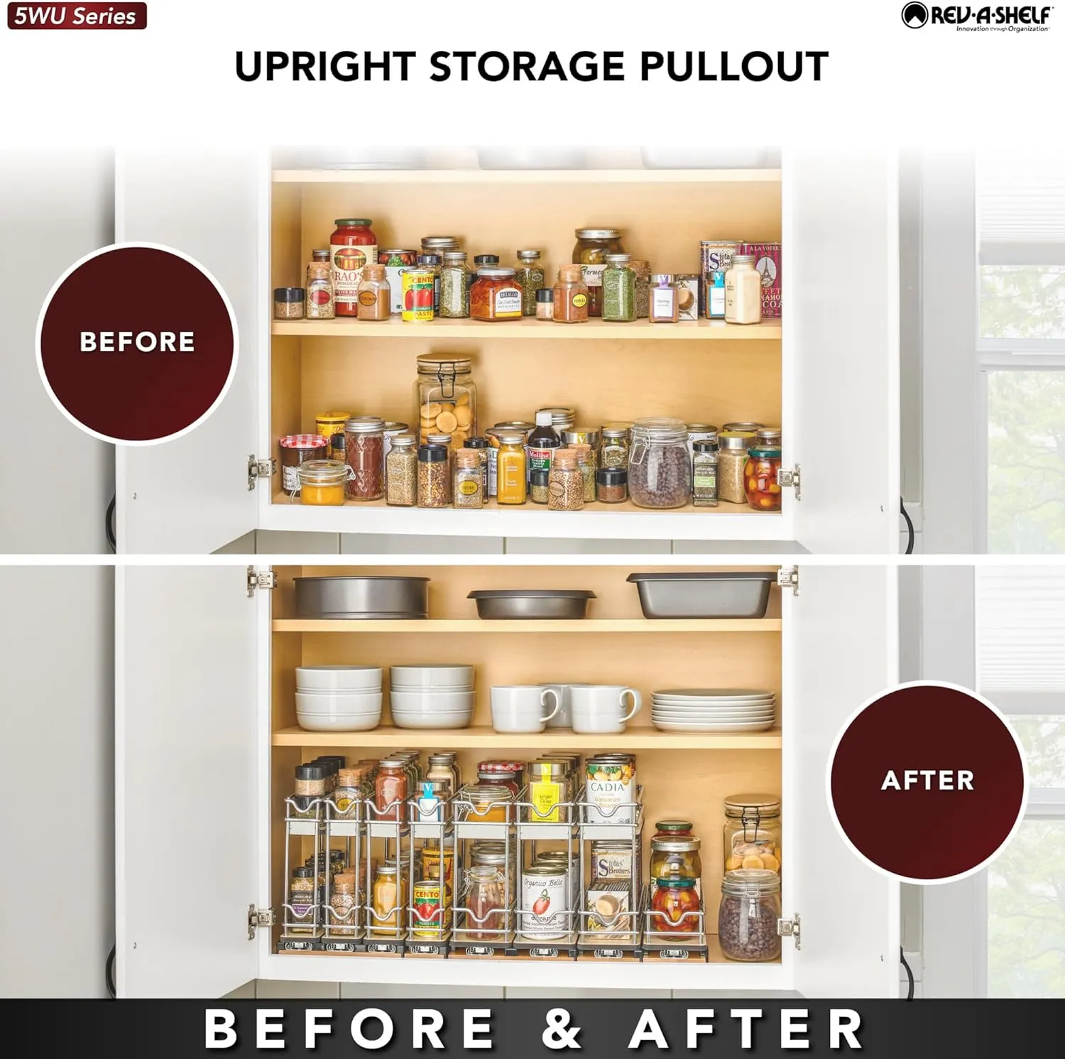 Rev-A-Shelf 5" Pullout Organizer for Cabinets, 2 Tier Wide Upright Shelf, 5WU2-5W1-1