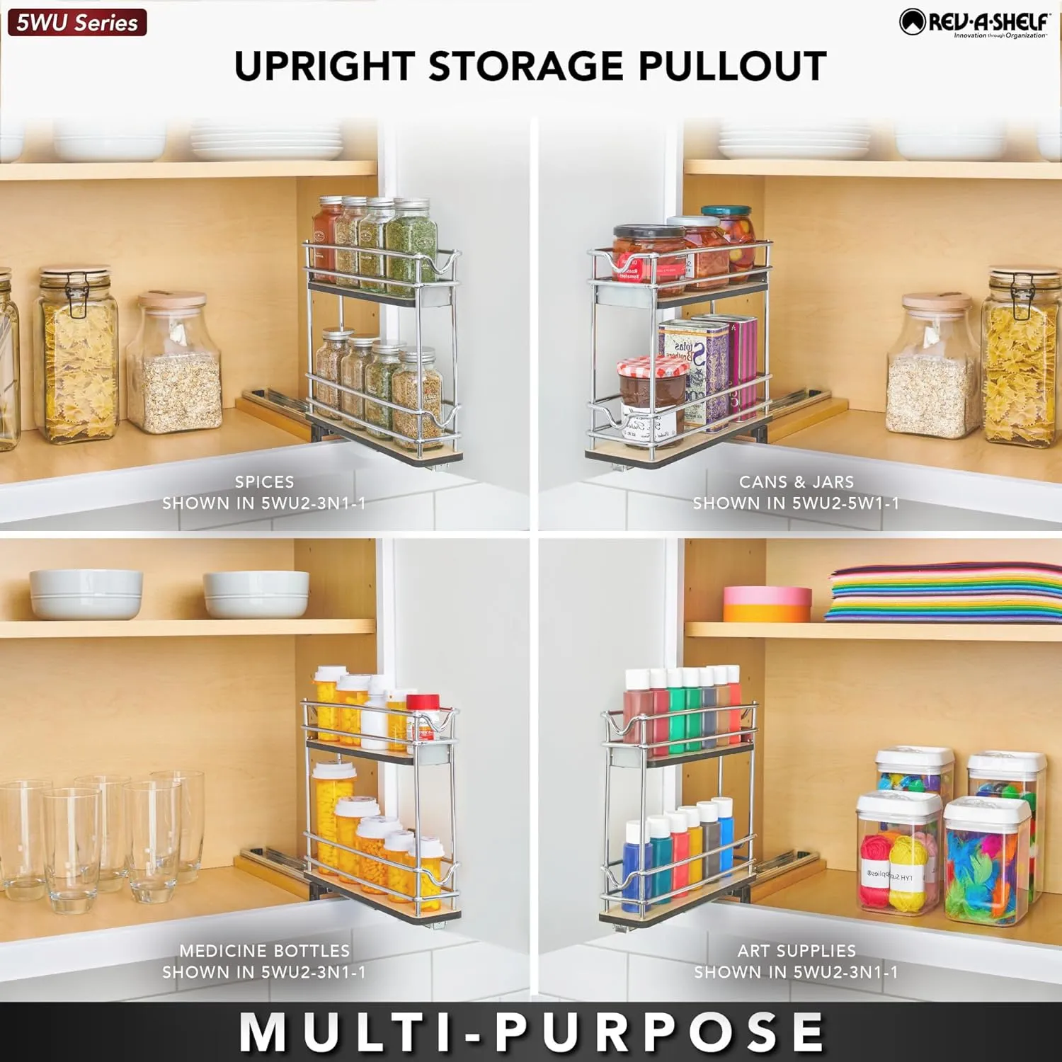 Rev-A-Shelf 5" Pullout Organizer for Cabinets, 2 Tier Wide Upright Shelf, 5WU2-5W1-1
