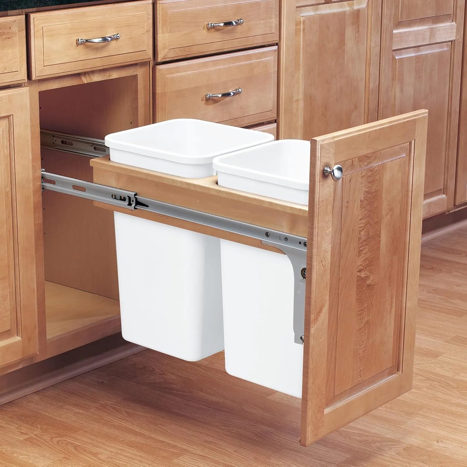 Rev-A-Shelf Double Pullout Trash Can for Under Kitchen Cabinets 35 Quart 8.75 Gallon, Top Mount 14.75 Inch Wide, White, 4WCTM-18DM2-162