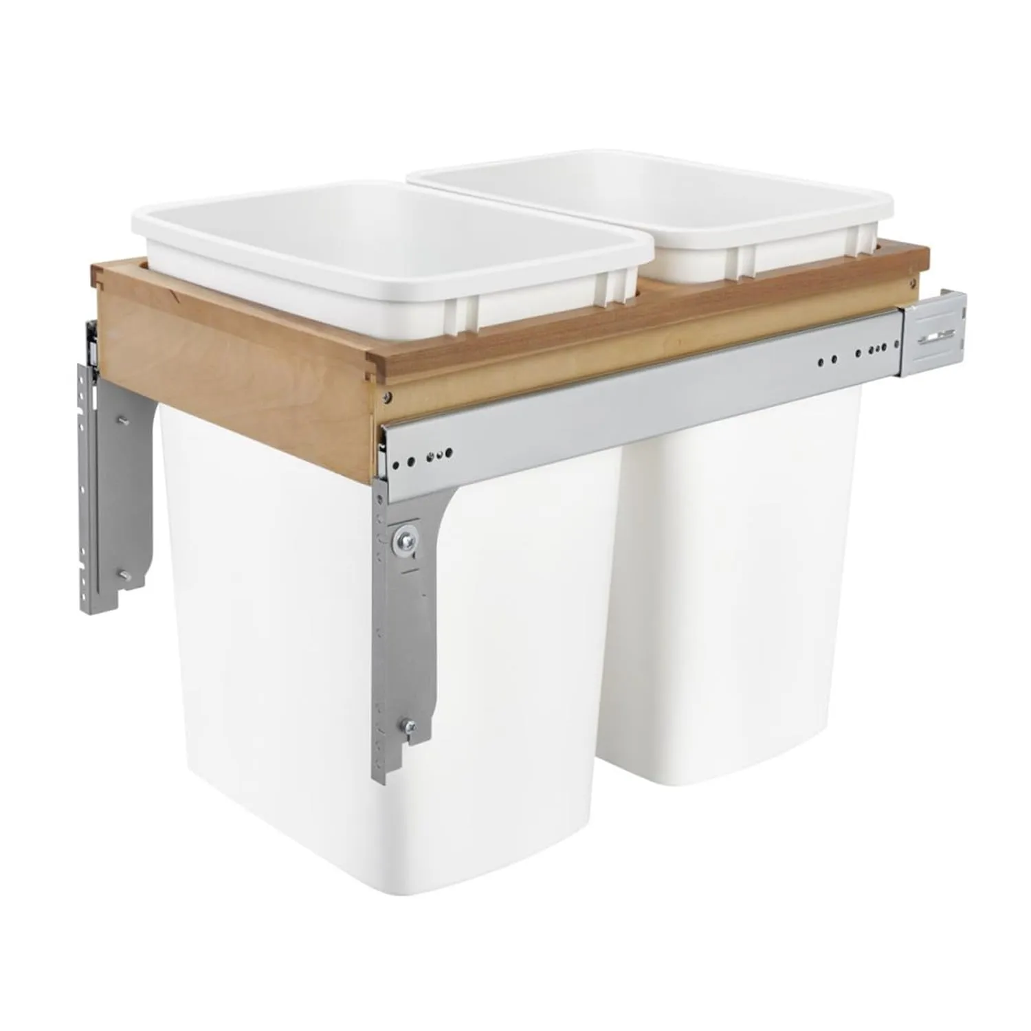 Rev-A-Shelf Double Pullout Trash Can for Under Kitchen Cabinets 35 Quart 8.75 Gallon, Top Mount 14.75 Inch Wide, White, 4WCTM-18DM2-162