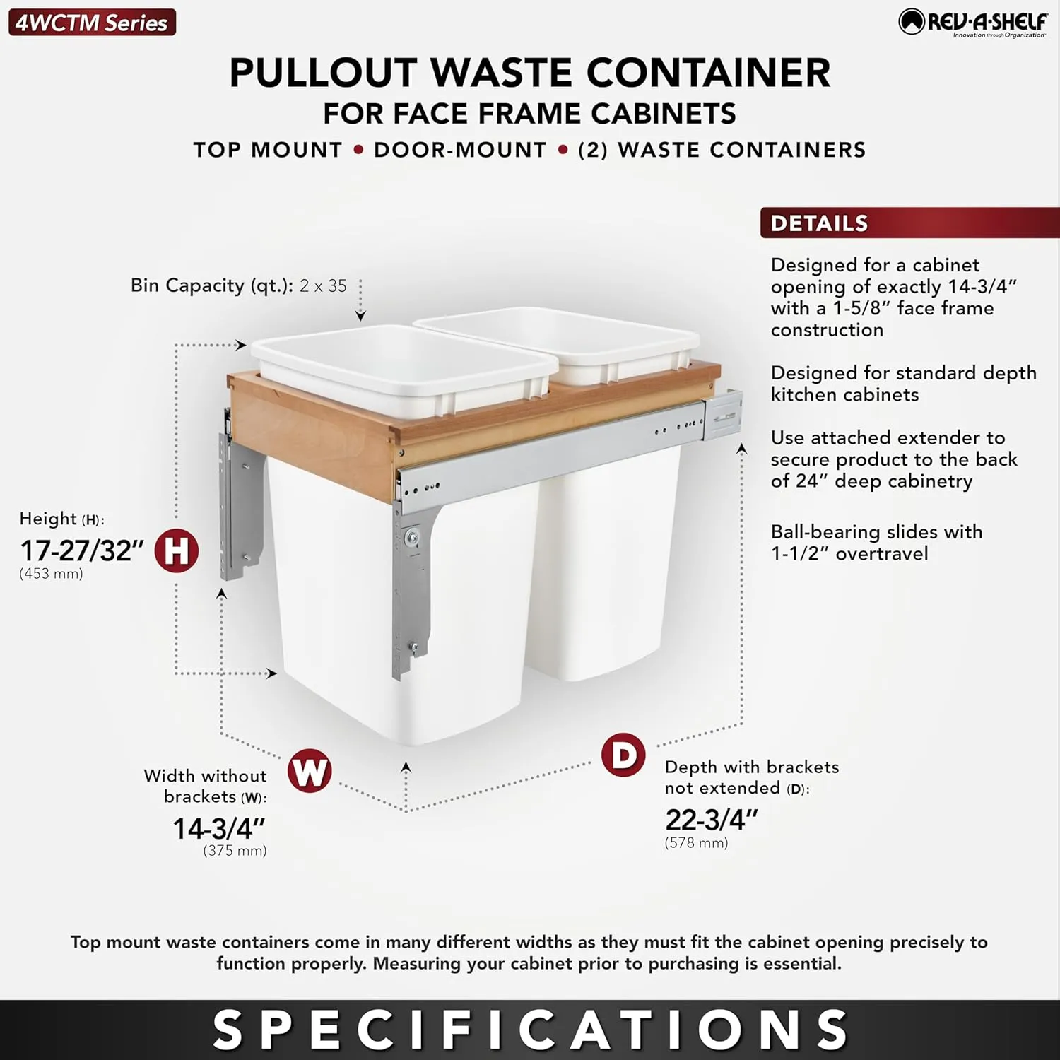 Rev-A-Shelf Double Pullout Trash Can for Under Kitchen Cabinets 35 Quart 8.75 Gallon, Top Mount 14.75 Inch Wide, White, 4WCTM-18DM2-162