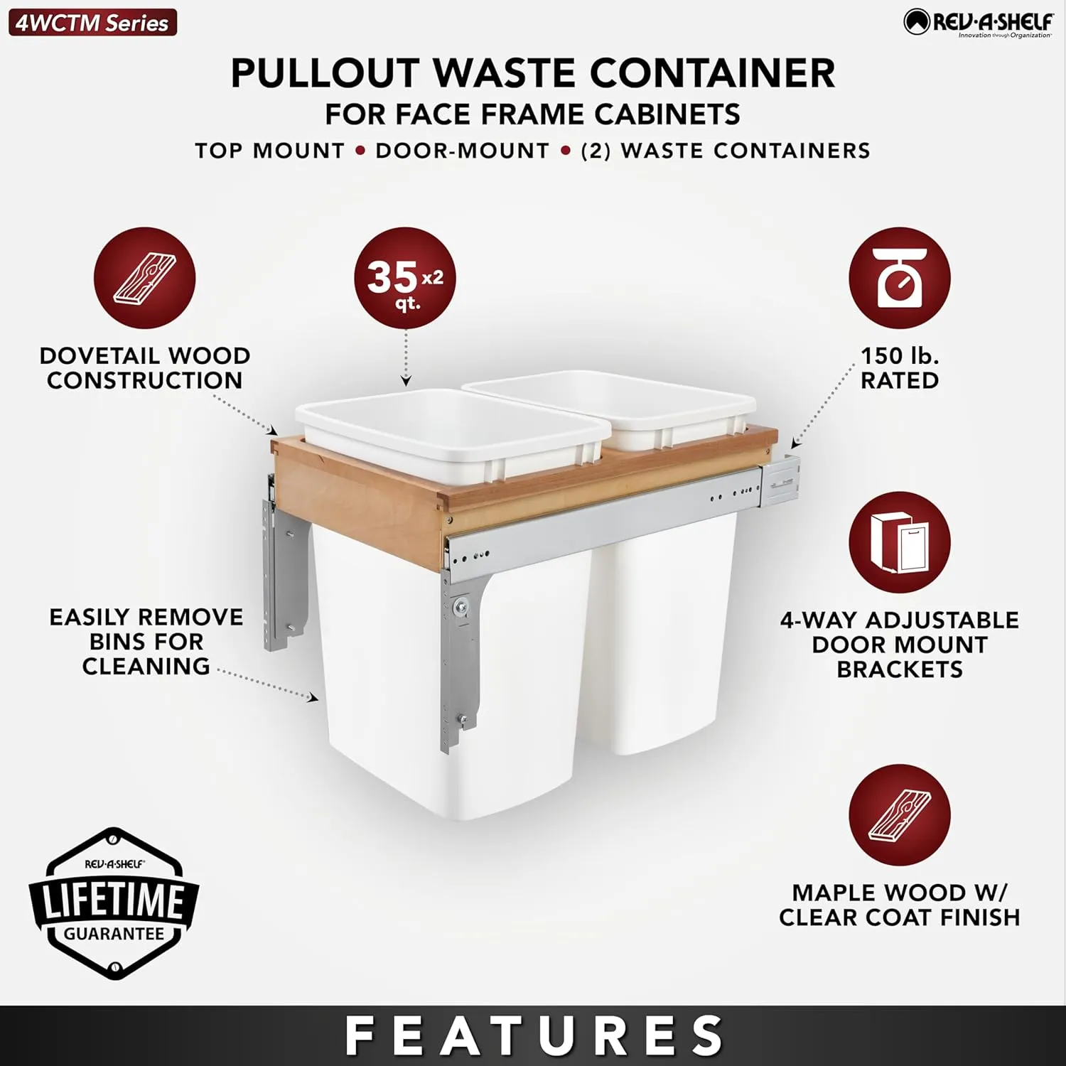 Rev-A-Shelf Double Pullout Trash Can for Under Kitchen Cabinets 35 Quart 8.75 Gallon, Top Mount 14.75 Inch Wide, White, 4WCTM-18DM2-162