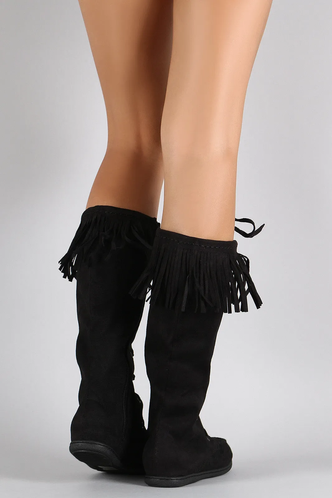 Rich variety Flat Moccasin Long-term Toe Round Suede Lace Boots Soda Up Fringe