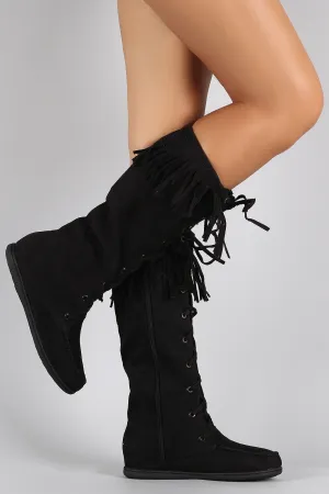 Rich variety Flat Moccasin Long-term Toe Round Suede Lace Boots Soda Up Fringe