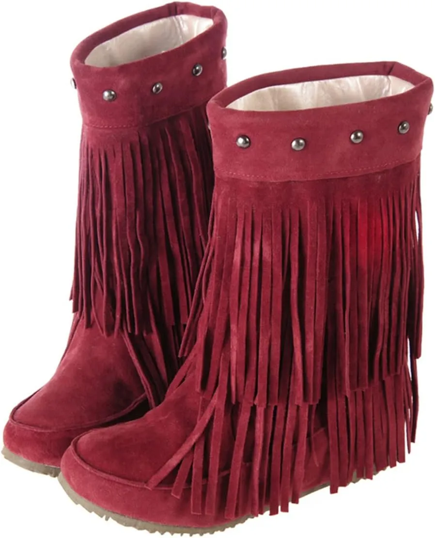 Roimaash Classic Double Fringe Moccasin Boots Mid Calf Women Flat