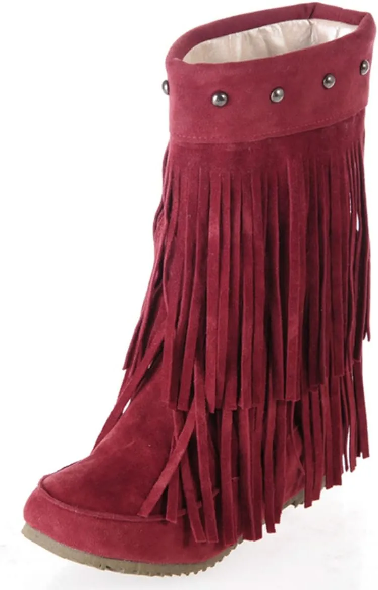 Roimaash Classic Double Fringe Moccasin Boots Mid Calf Women Flat